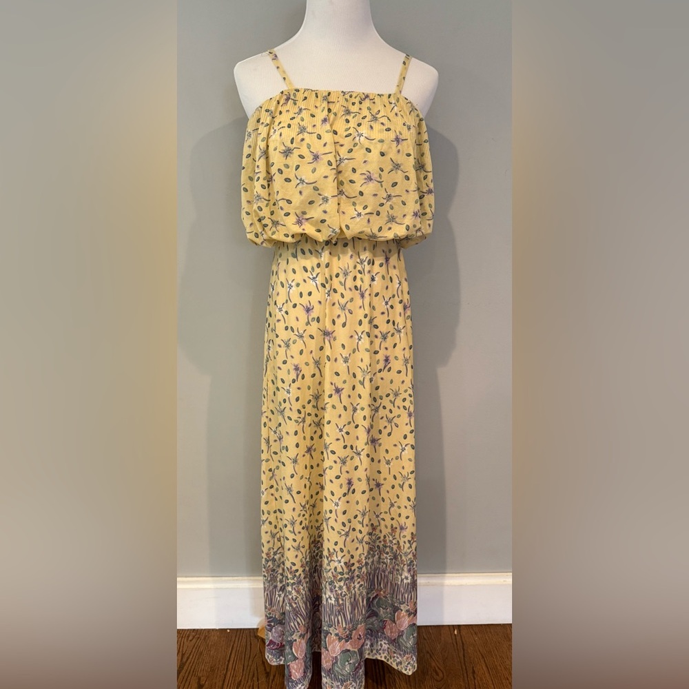 Vintage Yellow Floral Maxi Dress with pleated top- size Xs-Small